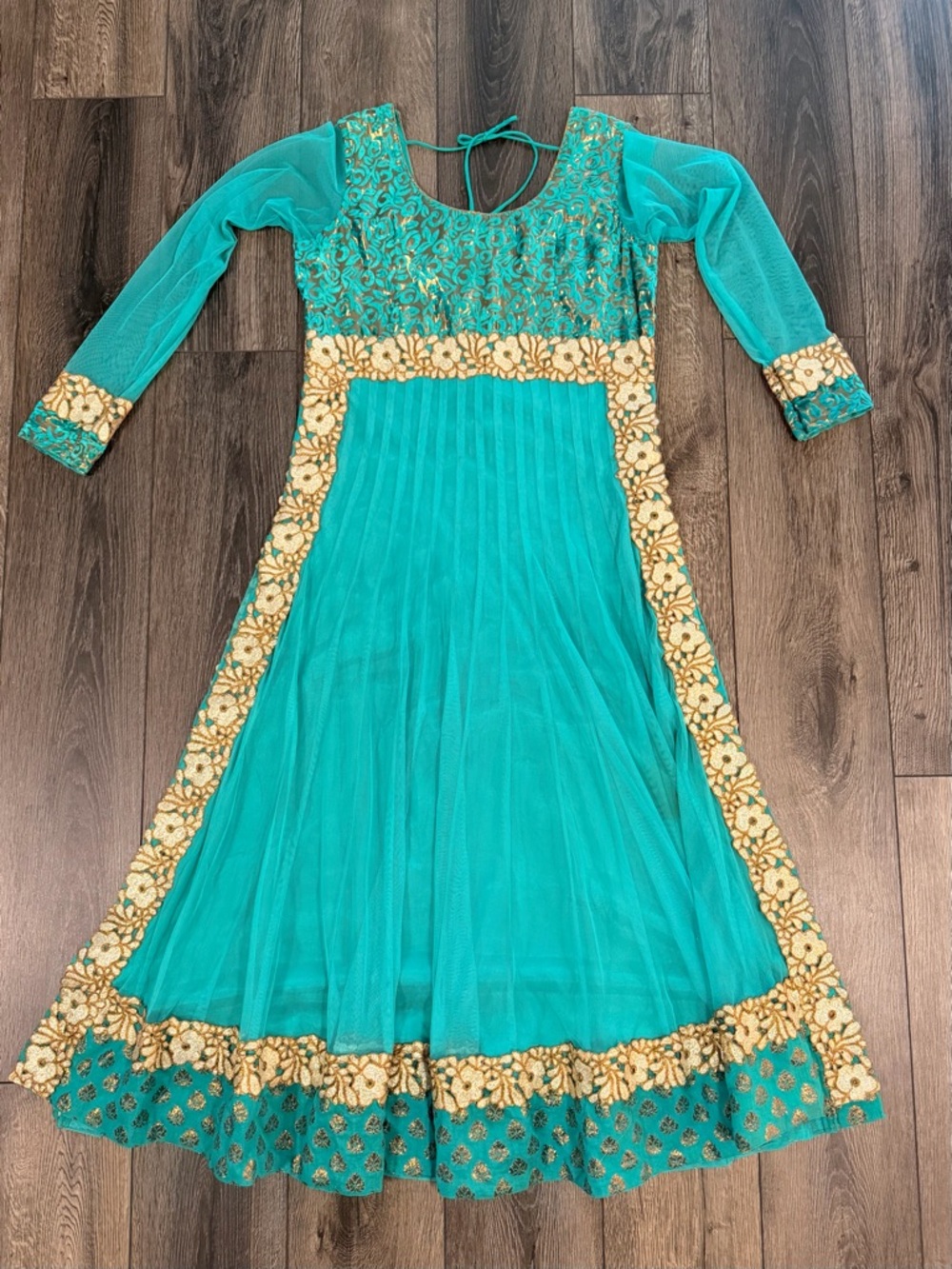 Turquoise Gold Anarkali Maxi Dress Indian Wedding Guest Bollywood Gown Medium - Picture 7 of 16